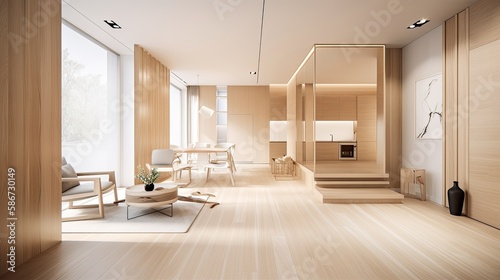 Living room made of light wooden for the cozy home  interior. Generative AI Technology 