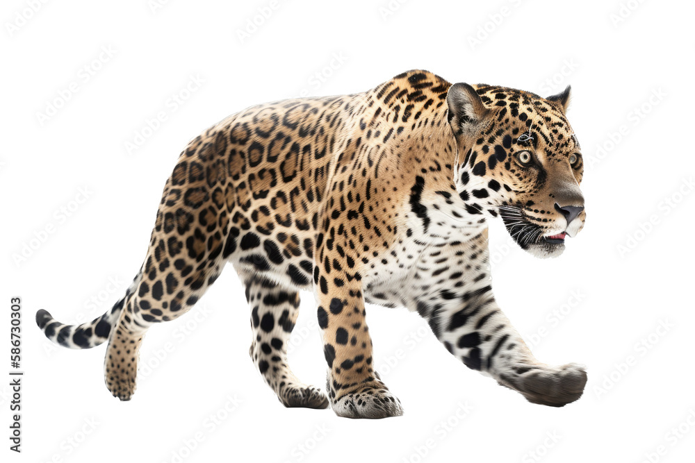 an isolated jaguar side-view, whole body, stalking prey, horizontal, fierce jungle-themed photorealistic illustration on a transparent background in PNG. Panthera onca. Generative AI an isolated jaguar side-view, whole body, stalking prey, horizontal, fierce jungle-themed photorealistic illustration on a transparent background in PNG. Panthera onca. Generative AI