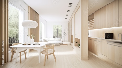 Living room made of light wooden for the cozy home  interior. Generative AI Technology 