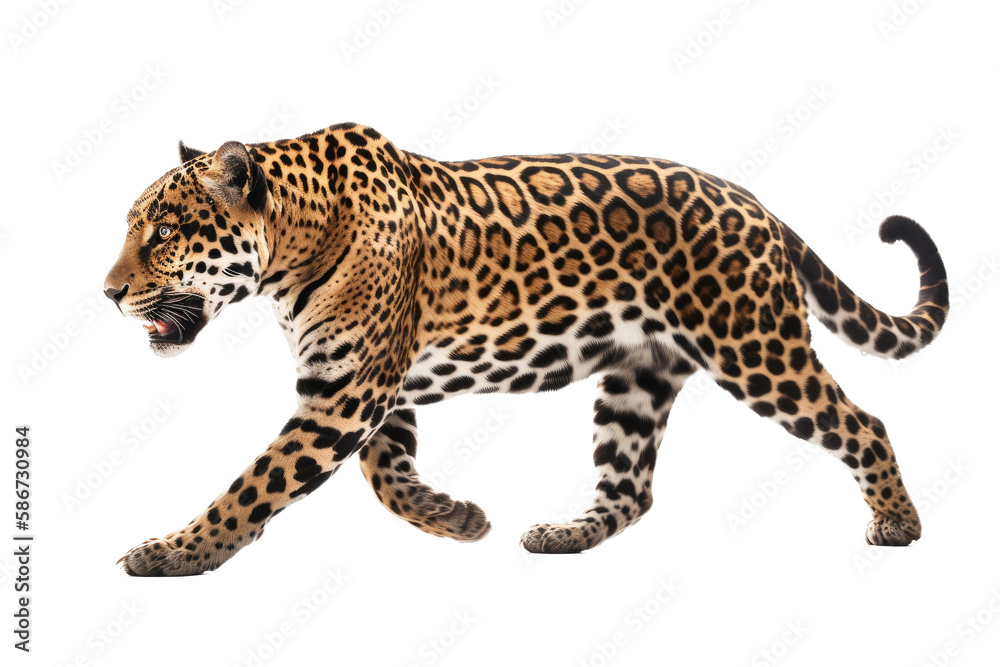 an isolated jaguar side-view, whole body, stalking prey, horizontal, fierce jungle-themed photorealistic illustration on a transparent background in PNG. Panthera onca. Generative AI an isolated jaguar side-view, whole body, stalking prey, horizontal, fierce jungle-themed photorealistic illustration on a transparent background in PNG. Panthera onca. Generative AI