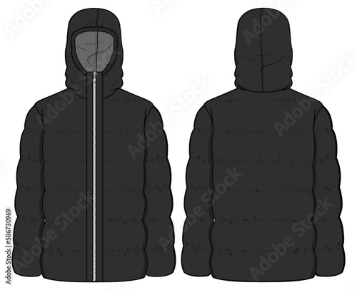 Unisex Puffer Jacket, Winter Jacket Front and Back View Fashion Illustration, Vector, CAD, Technical Drawing, Flat Drawing, Template, Mockup. photo
