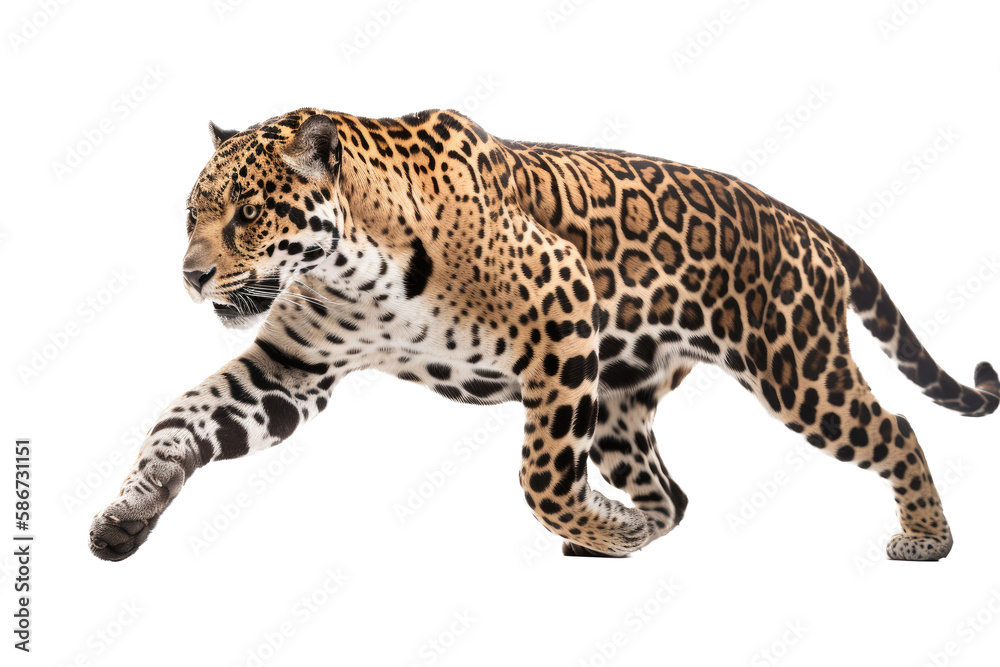 an isolated jaguar side-view, whole body, stalking prey, horizontal, fierce jungle-themed photorealistic illustration on a transparent background in PNG. Panthera onca. Generative AI an isolated jaguar side-view, whole body, stalking prey, horizontal, fierce jungle-themed photorealistic illustration on a transparent background in PNG. Panthera onca. Generative AI