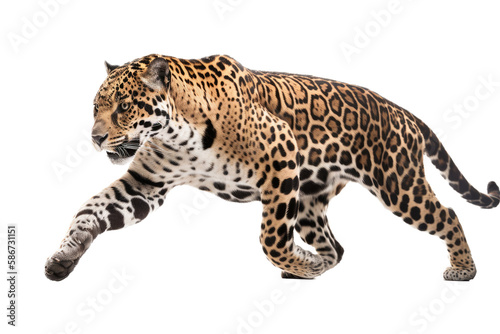 an isolated jaguar side-view  whole body  stalking prey  horizontal  fierce jungle-themed photorealistic illustration on a transparent background in PNG. Panthera onca. Generative AI