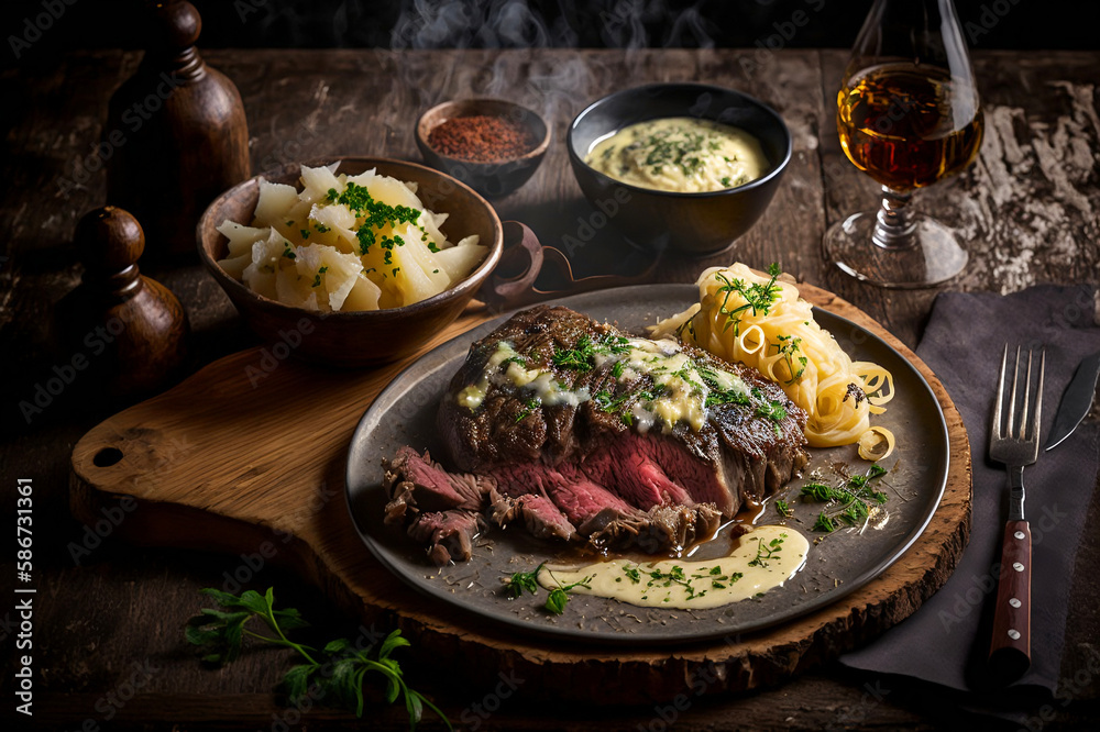 Medium rare cooked beef entrecote steak served with side dishes (AI generated) Medium rare cooked beef entrecote steak served with side dishes (AI generated)