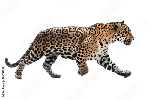 an isolated jaguar side-view  whole body  stalking prey  horizontal  fierce jungle-themed photorealistic illustration on a transparent background in PNG. Panthera onca. Generative AI