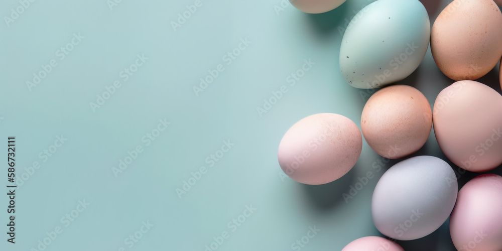 Pastel Easter eggs on blue background top view. Springtime holidays concept with copy space. Top view