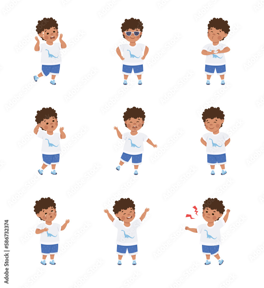Cute little boy expressing different emotions set. Dark haired curly boy dressed casual clothes showing various face expression cartoon vector illustration