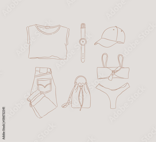 Set of clothes T-shirt, watch, baseball cap, pants, jeans, bag, swimsuit for women vacation look in hand drawing style on beige background.