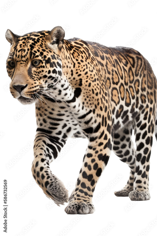 an isolated jaguar side-view, whole body, stalking prey, horizontal, fierce jungle-themed photorealistic illustration on a transparent background in PNG. Panthera onca. Generative AI an isolated jaguar side-view, whole body, stalking prey, horizontal, fierce jungle-themed photorealistic illustration on a transparent background in PNG. Panthera onca. Generative AI
