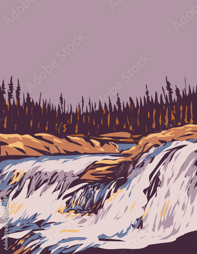 WPA poster art of Thaidene Nene National Park Reserve in the vicinity of Great Slave Lake in the North Slave Region of the Northwest Territories in Canada done in works project administration.