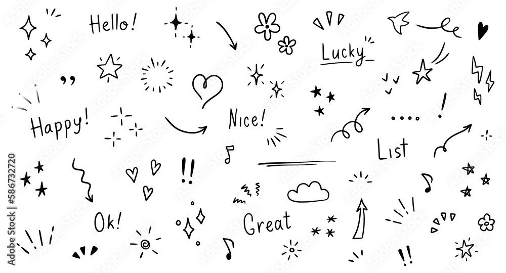 Obraz premium Doodle cute glitter pen line elements. Doodle heart, arrow, star, sparkle decoration symbol set icon. Simple sketch line style emphasis, attention, pattern elements. Vector illustration.