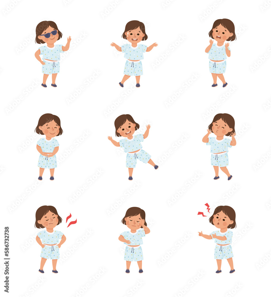 Little girl expressing positive and negative emotions set. Cute girl dressed t-shirt and shorts showing various face expression and gesturing cartoon vector illustration Little girl expressing positive and negative emotions set. Cute girl dressed t-shirt and shorts showing various face expression and gesturing cartoon vector illustration