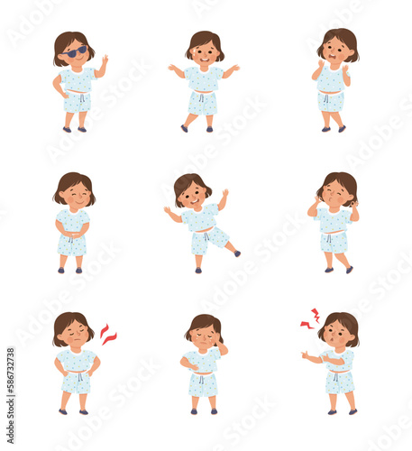 Little girl expressing positive and negative emotions set. Cute girl dressed t-shirt and shorts showing various face expression and gesturing cartoon vector illustration