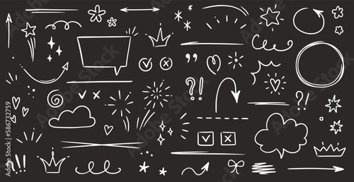 Sketch underline, emphasis, arrow shape set on chalkboard background. Hand drawn brush stroke, highlight, speech bubble, underline, sparkle element. Vector illustration