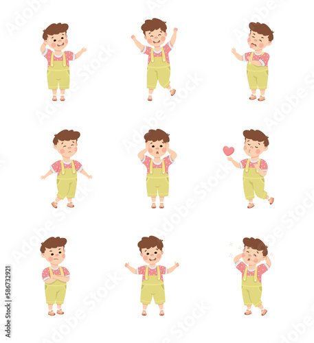 Cute little boy with different emotions set. Brown haired boy dressed jumpsuit showing various face expression and gesturing cartoon vector illustration