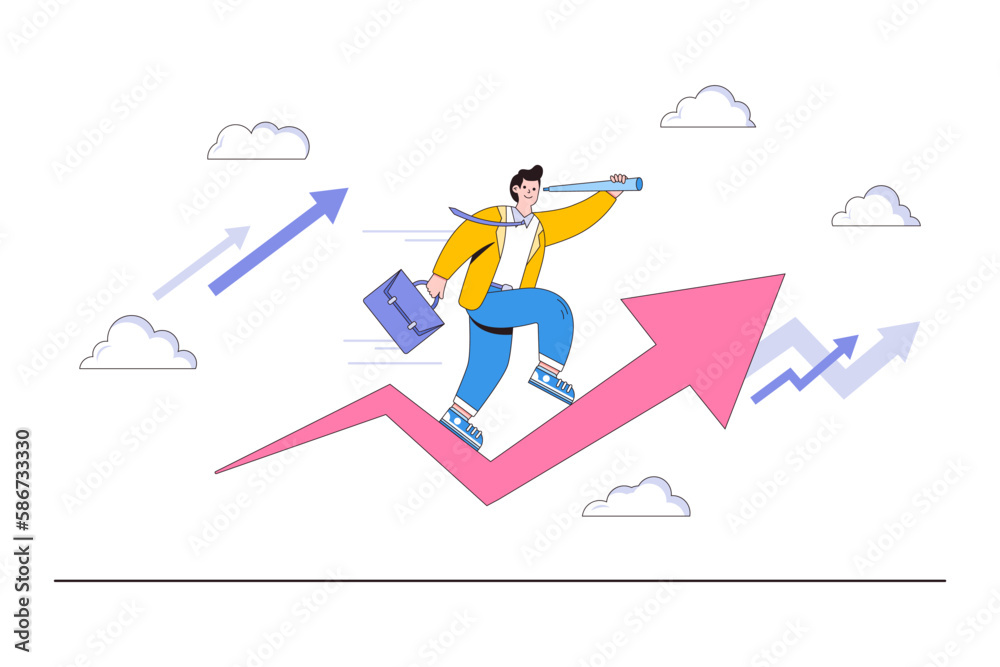 Investment opportunity, visionary to earn profit, make money or financial growth concept. Smart businessman riding arrow holding telescope to see future. Minimal vector illustration for landing page