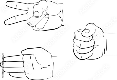 Rock, Paper, Scissors Hand Game, Line Drawing, Vector Illustration, Hand Motions photo