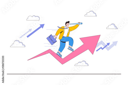 Investment opportunity, visionary to earn profit, make money or financial growth concept. Smart businessman riding arrow holding telescope to see future. Minimal vector illustration for landing page