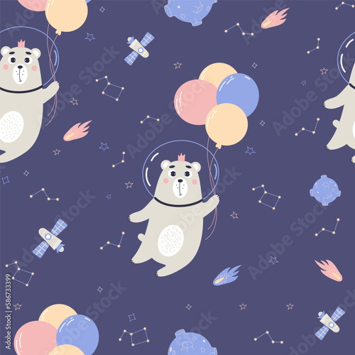 Space seamless pattern. Cute astronaut bear with balloons, stars and meteorites on dark blue background. Vector illustration for baby collection, design, decor, wallpaper, packaging and textile.