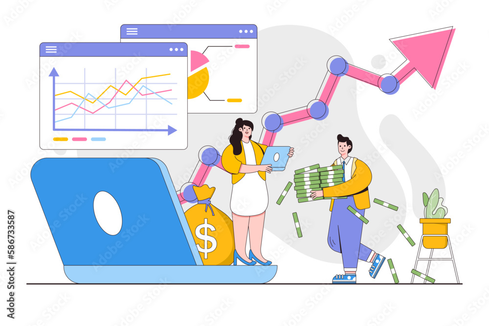 Make money online and earn profit concept. Group of successful investors or business people growths profit. Outline design style minimal vector illustration for landing page, web banner, hero images