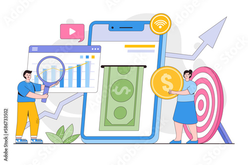 Make money online concept. Mobile banking app increase profits in business. Outline design style minimal vector illustration for landing page, web banner, infographics, hero images