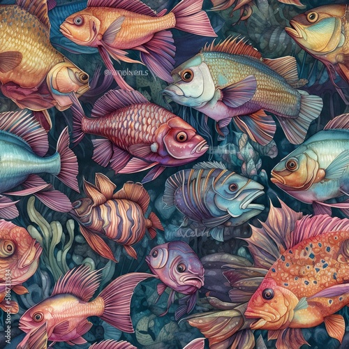 Seamless background with various aquarium fish species, every size and color arranged artistically in extreme detail, AI generative background