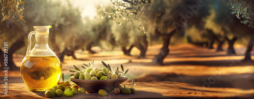 golden olive oil bottles with olives leaves and fruits setup in the middle of rural olive field with morning sunshine as wide banner with copyspace area - Generative AI