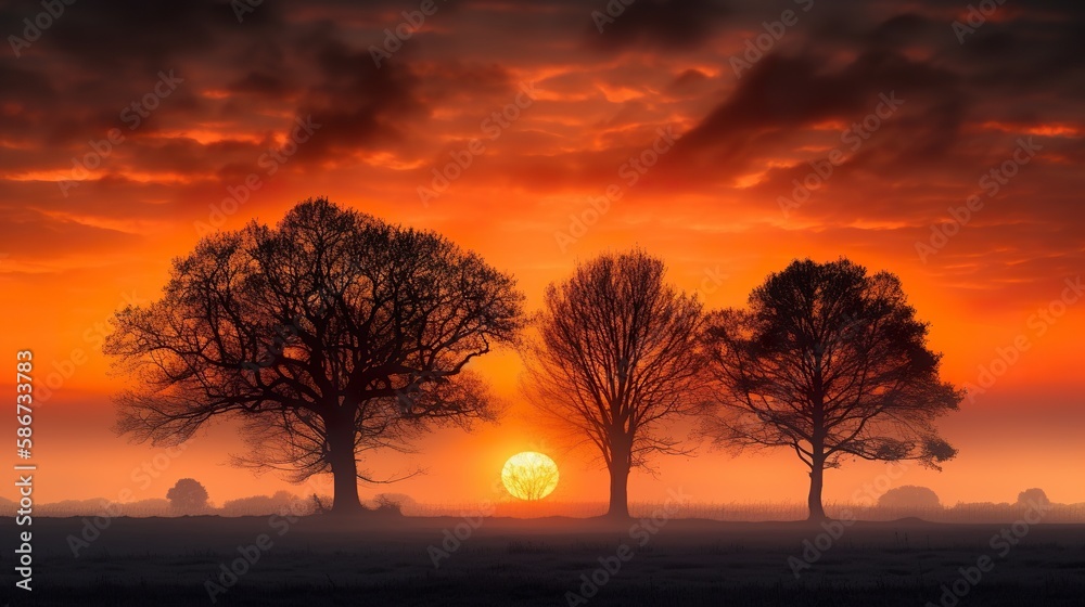 A lone tree or group of trees silhouetted against a beautiful sunrise, AI generative