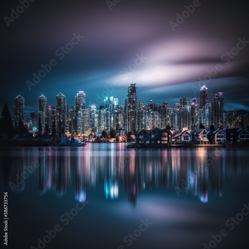 AI generative imaginary view of capital city skyline from across the sea or river at night with reflection © Friedbert