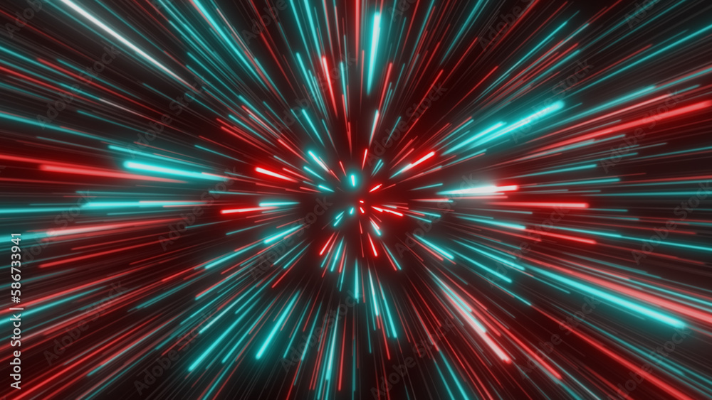 Through space, starfield. Abstract particles, neon rays background.