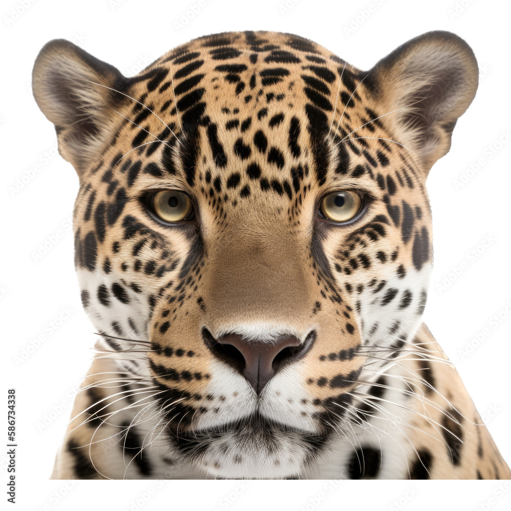 Fototapeta premium an isolated jaguar jungle cat FACE, FRONT-view portrait, jungle-themed photorealistic illustration on a transparent background cutout in PNG