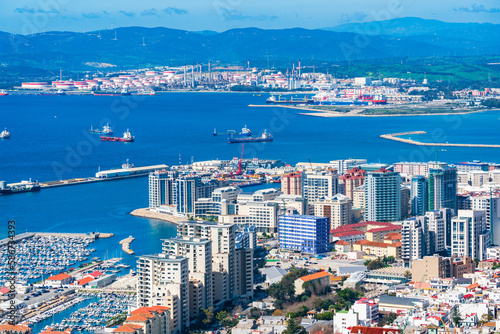 View over Gibraltar town and Spainish coast across Bay of Gibraltar, UK