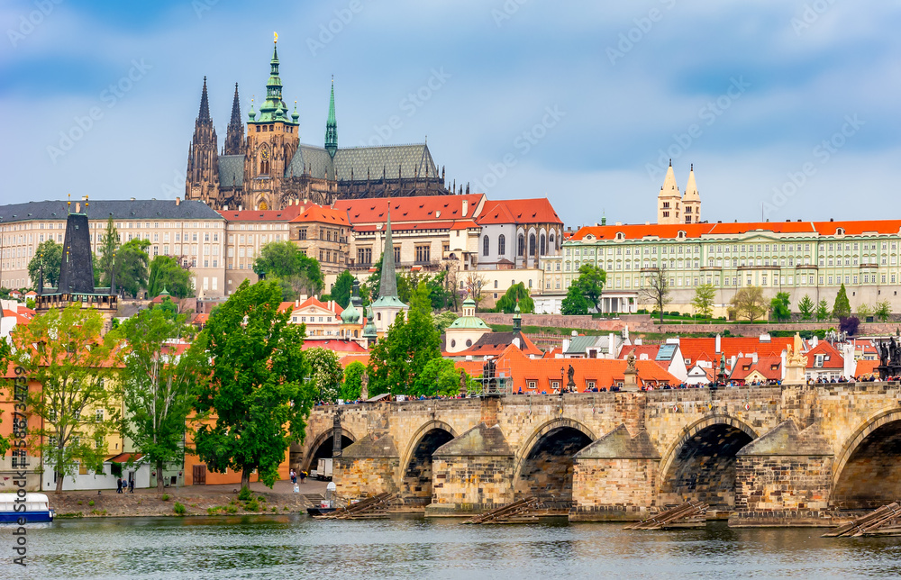 Prague cityscape with Prague Castle and Charles bridge, Czech Republic
