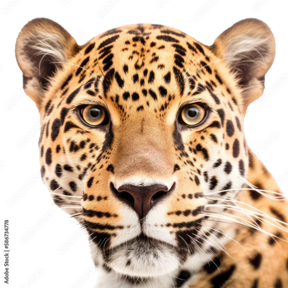 Fototapeta premium an isolated jaguar jungle cat FACE, FRONT-view portrait, jungle-themed photorealistic illustration on a transparent background cutout in PNG