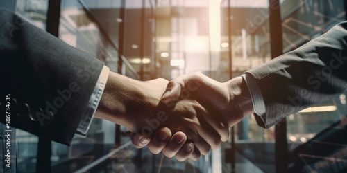 Business people in suit handshakes in corporate office or financial business district, close up. Agreement deal, organization collaboration, mergers and acquisitions concept. Generative AI