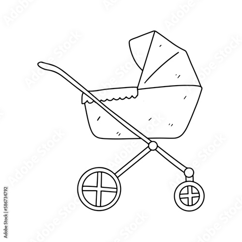 Baby stroller in hand drawn doodle style. Vector illustration isolated on white background.