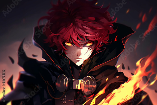 Witch red hair with flamed eyes solo leveling style