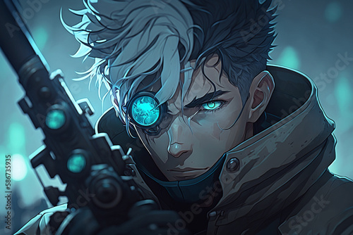 Manga fantasy grey hair gunner with sniper steampunk
 photo