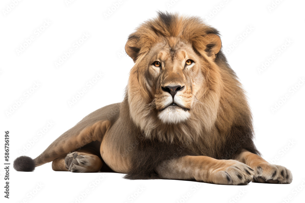 Fototapeta premium an isolated lion laying down reclining, majestic, horizontal, fierce jungle-themed photorealistic illustration on a transparent background in PNG. Panthera leo. King of the Jungle. Generative AI
