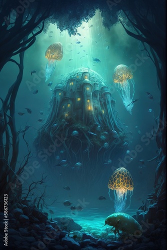 Underwater world with jellyfish Generative AI © Milankov