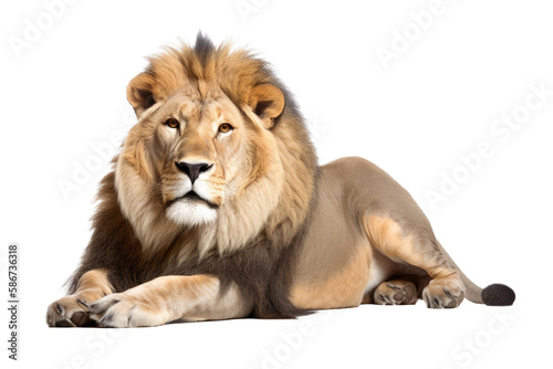 an isolated lion laying down reclining, majestic, horizontal, fierce jungle-themed photorealistic illustration on a transparent background in PNG. Panthera leo. King of the Jungle. Generative AI