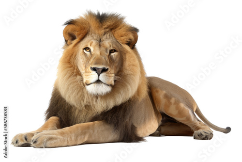 an isolated lion laying down reclining  majestic  horizontal  fierce jungle-themed photorealistic illustration on a transparent background in PNG. Panthera leo. King of the Jungle. Generative AI