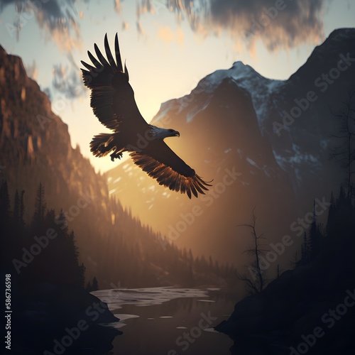 Eagle in flight over the desert. Generative Ai illustration  © Kevin
