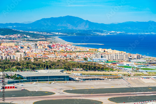 View of Gibraltar airport and Spanish town La Linea de Conception from The Upper Rock. UK