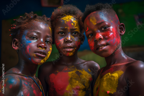 Three black children smeared with painted faces in multi-colored paint, the concept of childhood and rich vivid impressions. Generative AI