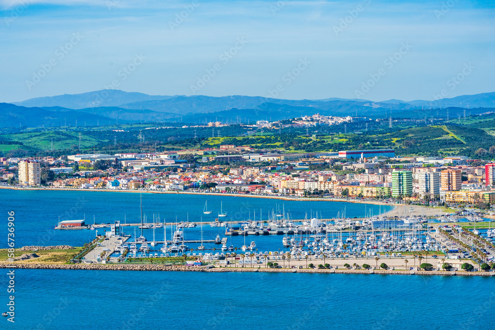 View of Spanish town La Linea de Conception across The Gibraltar Bay from the Upper Rock. UK