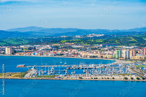 View of Spanish town La Linea de Conception across The Gibraltar Bay from the Upper Rock. UK
