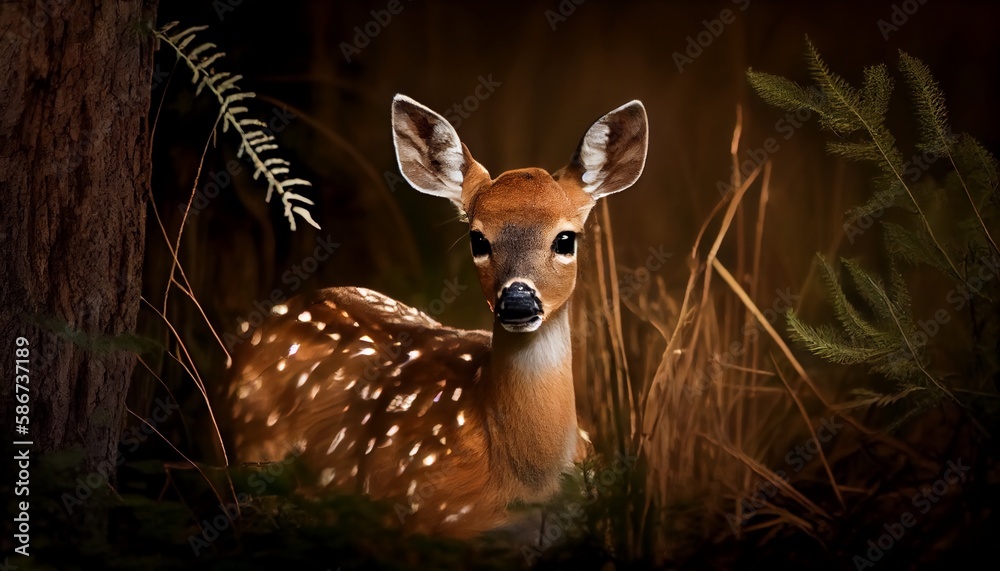 Baby dear standing on ground with green grass and looking at camera , mammal animal on nature background - obrazy, fototapety, plakaty 
