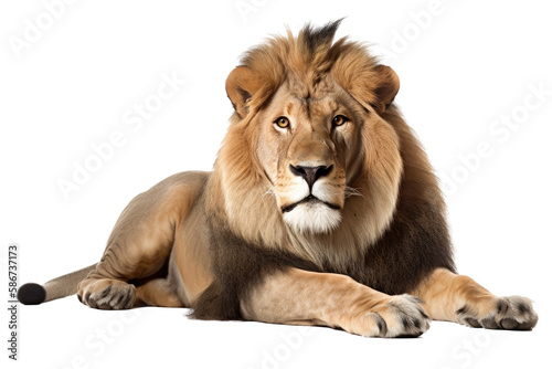 an isolated lion laying down reclining, majestic, horizontal, fierce jungle-themed photorealistic illustration on a transparent background in PNG. Panthera leo. King of the Jungle. Generative AI © Purple Penguin GFX