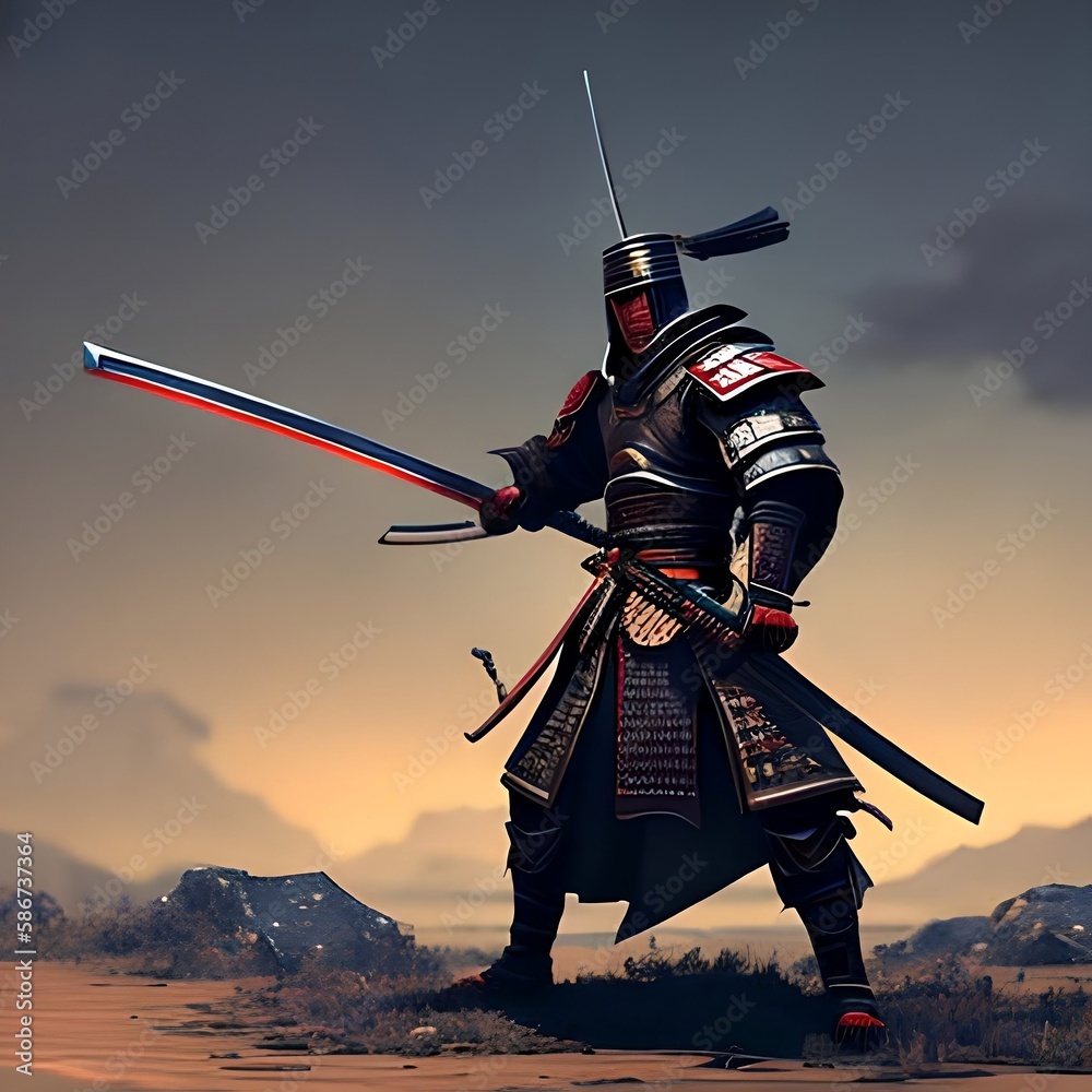 Obraz premium illustration painting A samurai with a katana stands ready to fight against a huge army